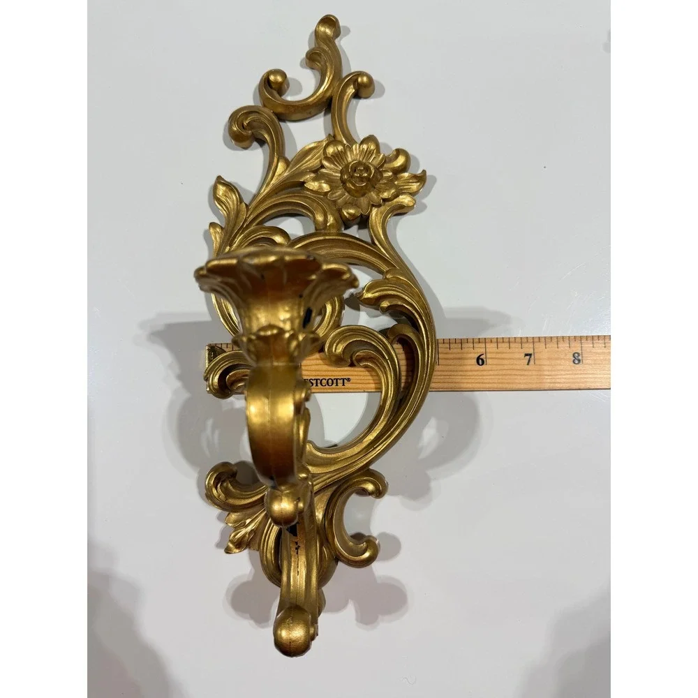 SYROCO VTG 1965 2 Gold Wall Candle Sconces 5183 Hollywood Regency Floral USA MCM